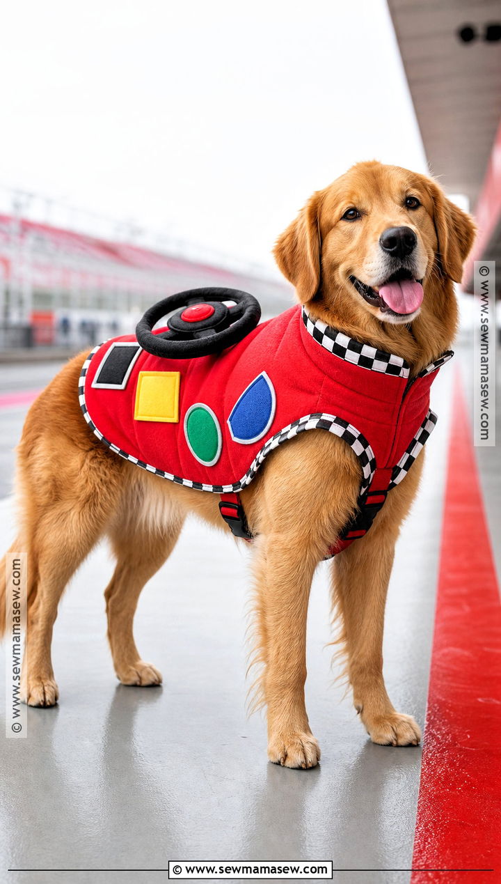 Race Car Driver Dog Costume With Checkered Vest - 35 dog costume ideas