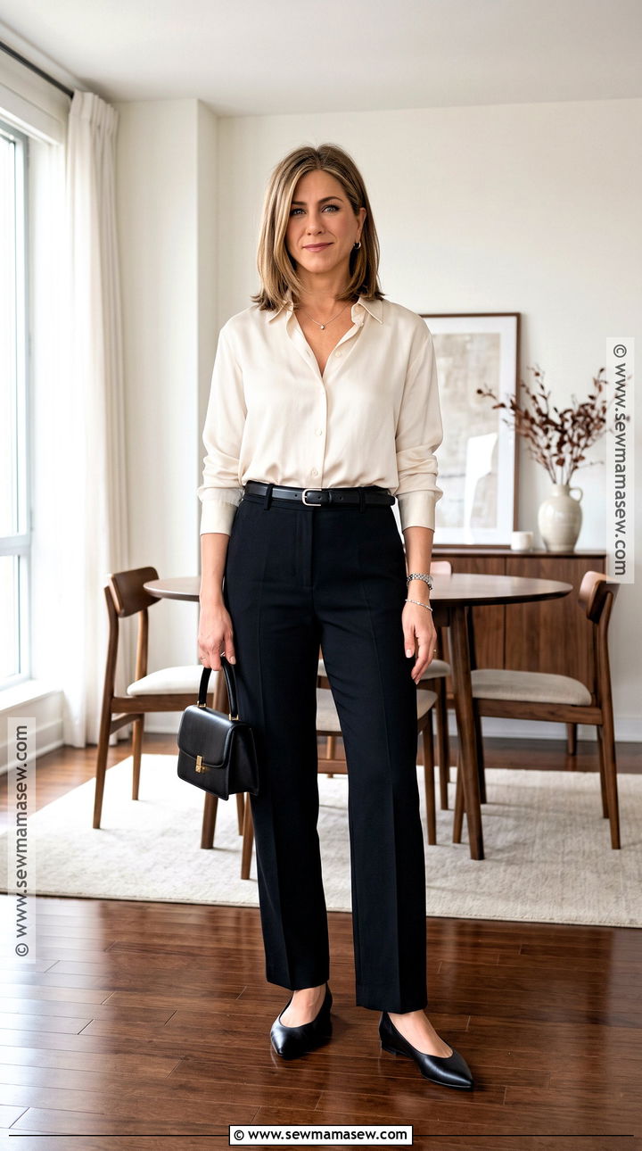 Rachel Green Button Down And Black Trousers Outfit - 20 Rachel Green Thanksgiving Outfit Ideas