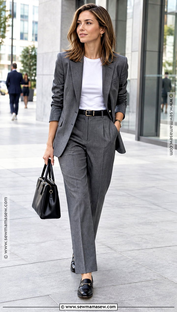Rachel Green Gray Suit And Fitted Tee Outfit - 25 rachel green fall outfits
