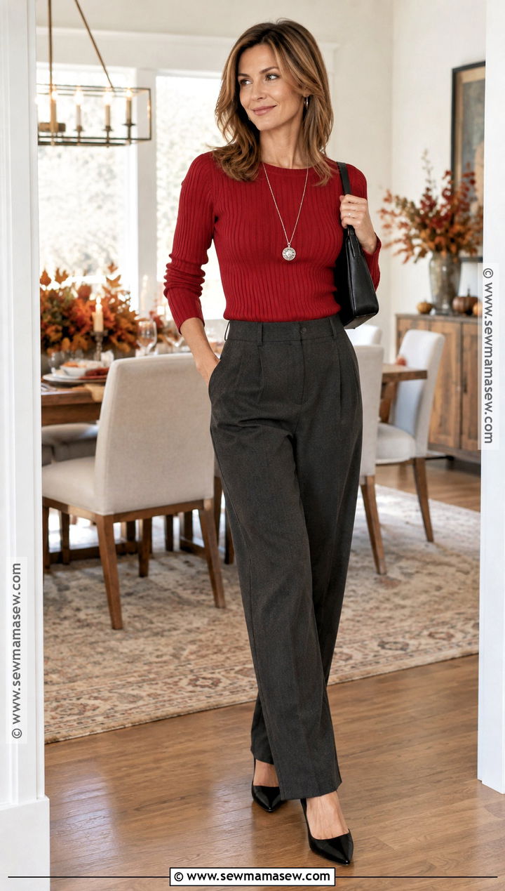 Rachel Green Red Sweater And Trousers Outfit - 20 Rachel Green Thanksgiving Outfit Ideas