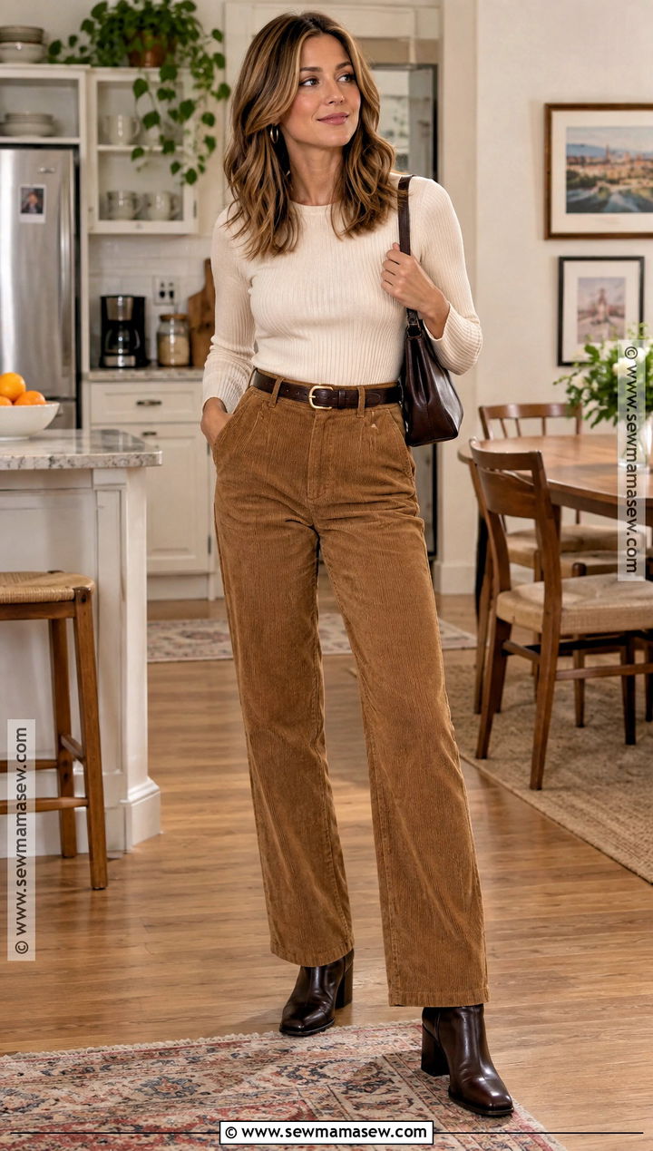 Rachel Green Ribbed Top And Corduroy Pants Outfit - 20 Rachel Green Thanksgiving Outfit Ideas