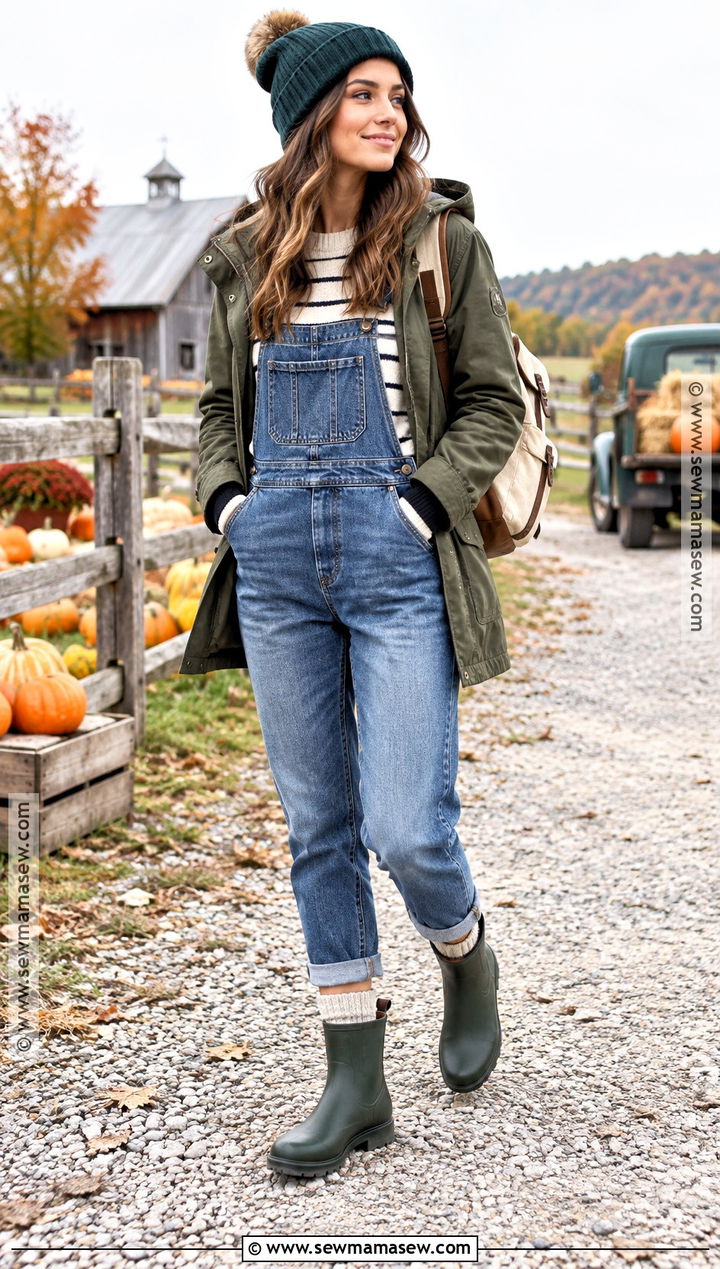 Rain Boots Outfit With Denim Overalls And Striped Sweater - 25 rain boots outfit fall