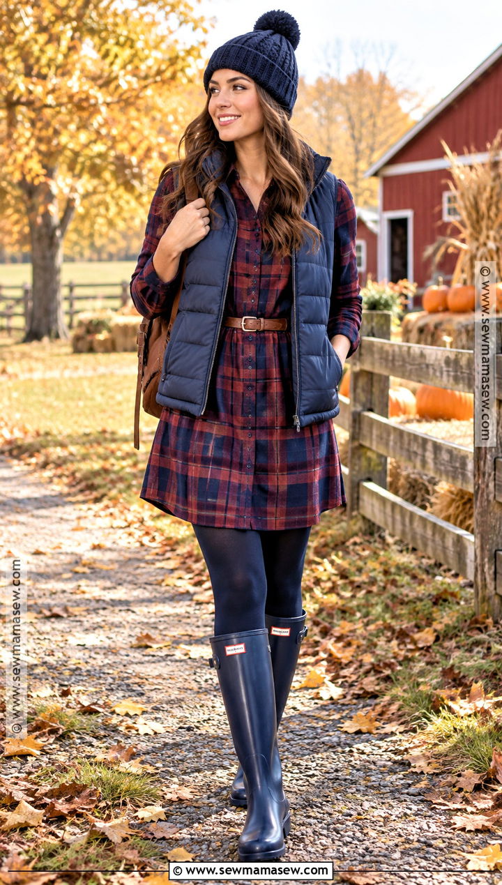 Rain Boots Outfit With Flannel Dress And Puffer Vest - 25 rain boots outfit fall