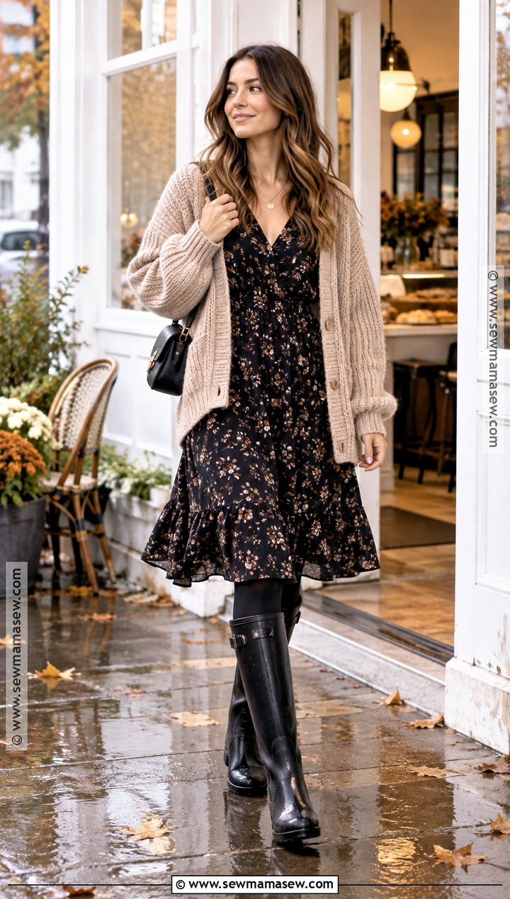 Rain Boots Outfit With Floral Midi Dress And Cardigan - 25 rain boots outfit fall