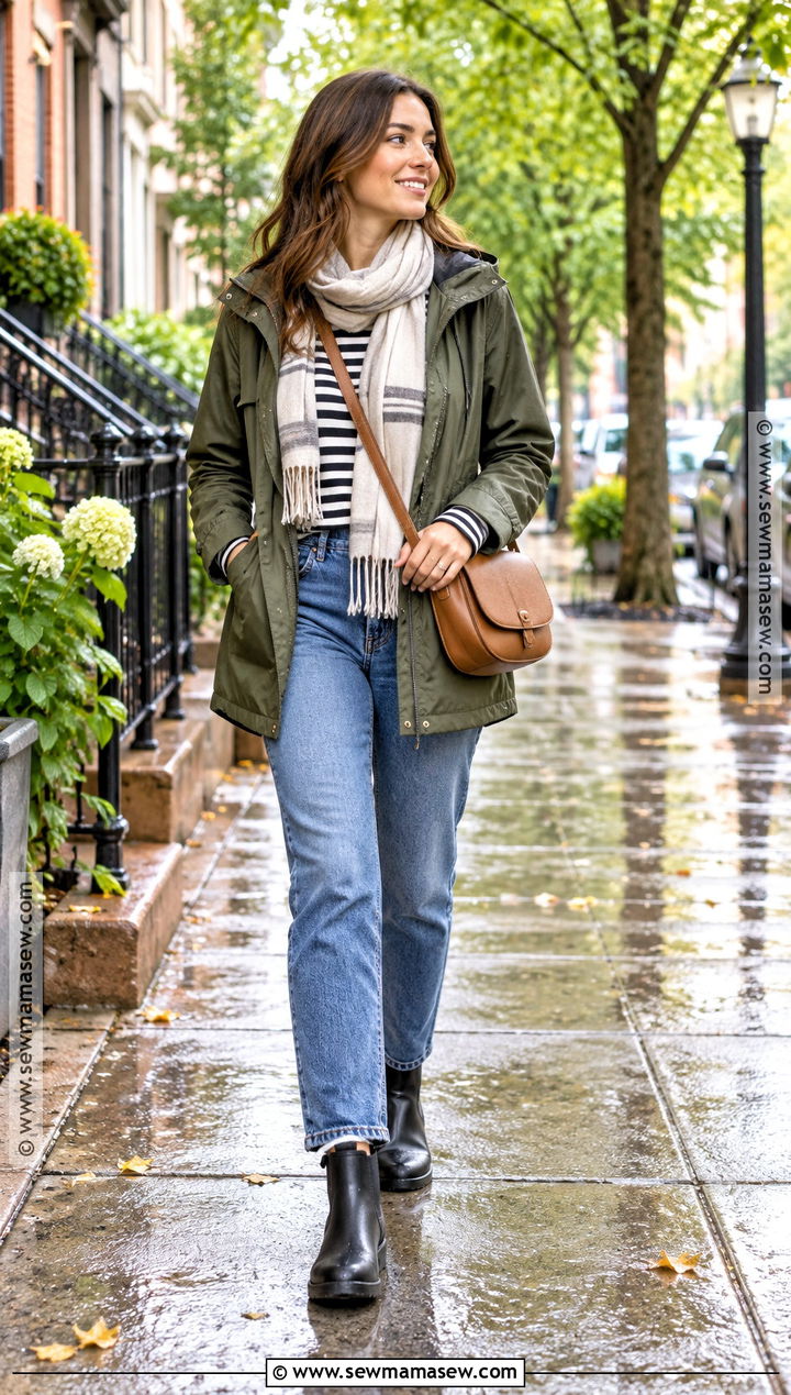 Rain Boots Outfit With Utility Jacket And Striped Shirt - 25 rain boots outfit fall