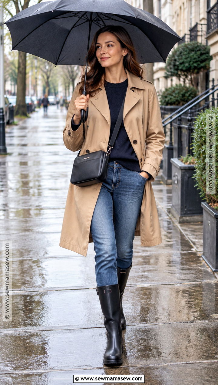Rain Boots With A Trench Coat And Jeans - 25 Boots Fall
