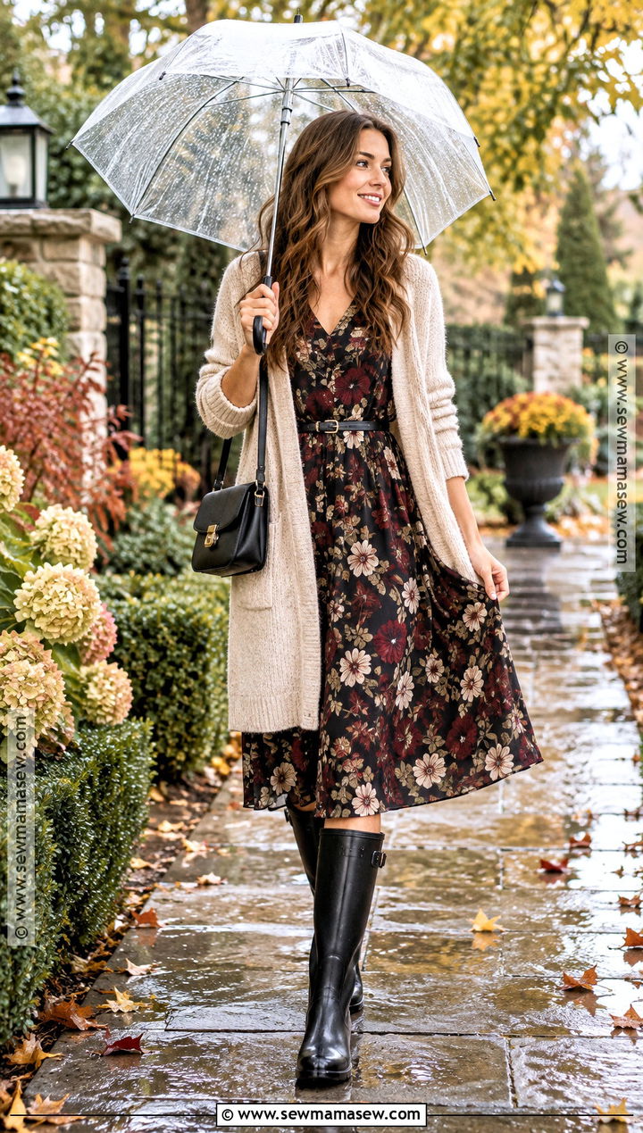 Rain Boots With Floral Midi Dress And Long Cardigan - 15 rain boot outfit fall ideas