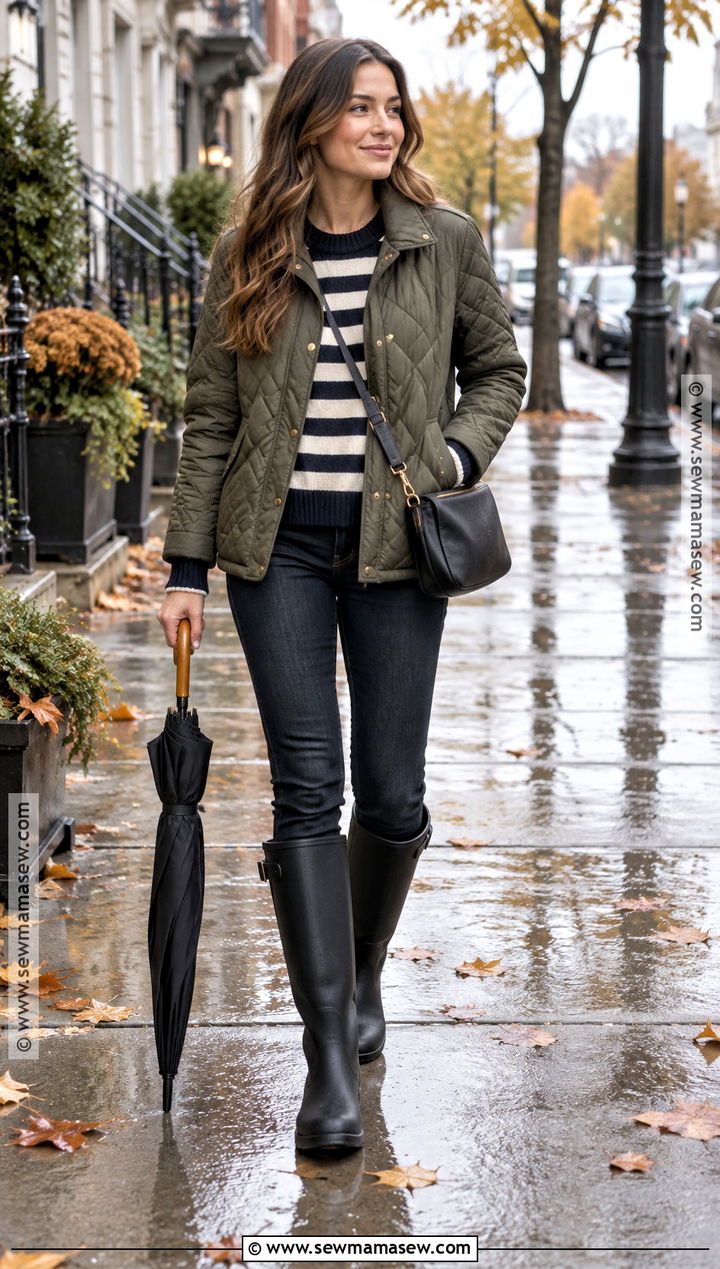 Rain Boots With Jeans and Quilted Jacket - 15 fall winter boot outfits