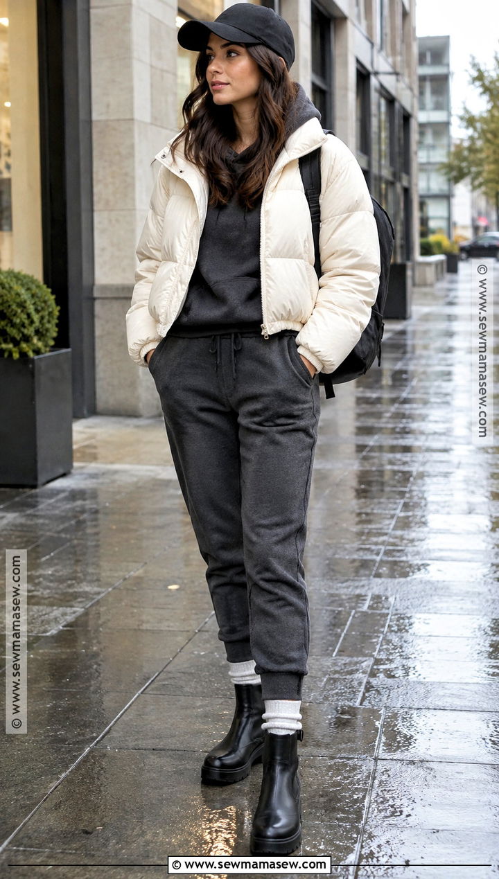 Rain Boots With Joggers Hoodie And Puffer Jacket - 15 rain boot outfit fall ideas