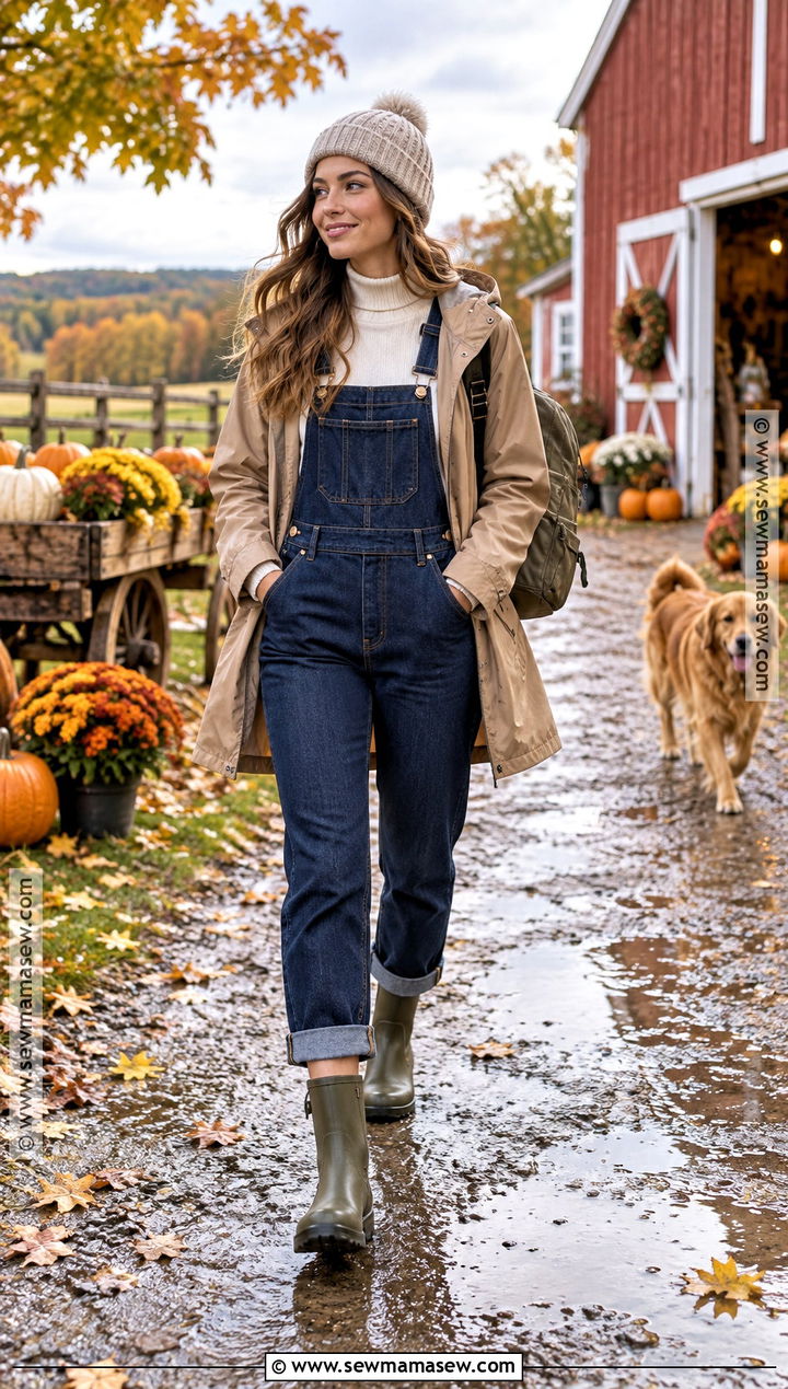 Rain Boots With Overalls Turtleneck And Raincoat - 15 rain boot outfit fall ideas