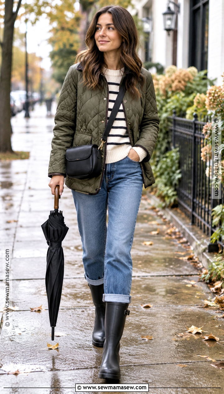 Rain Boots With Straight Jeans And Quilted Jacket - 25 boots outfit fall
