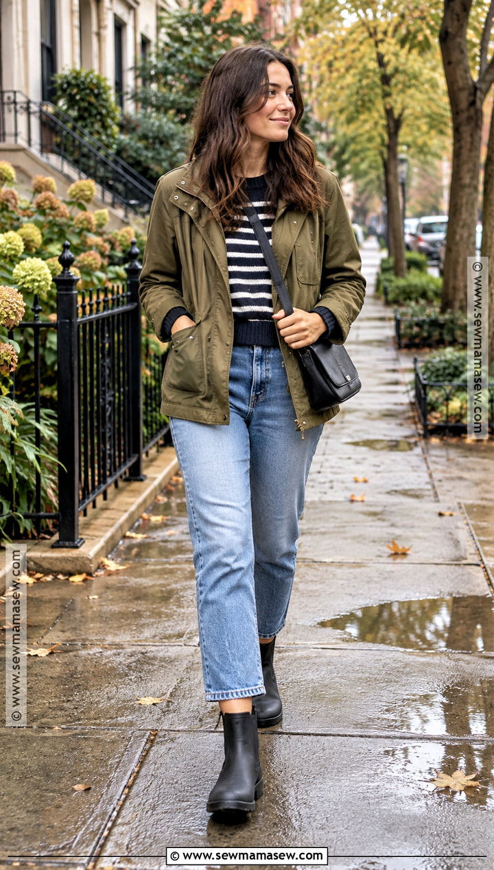 Rain Boots With Straight Jeans And Utility Jacket - 25 fall boots outfit