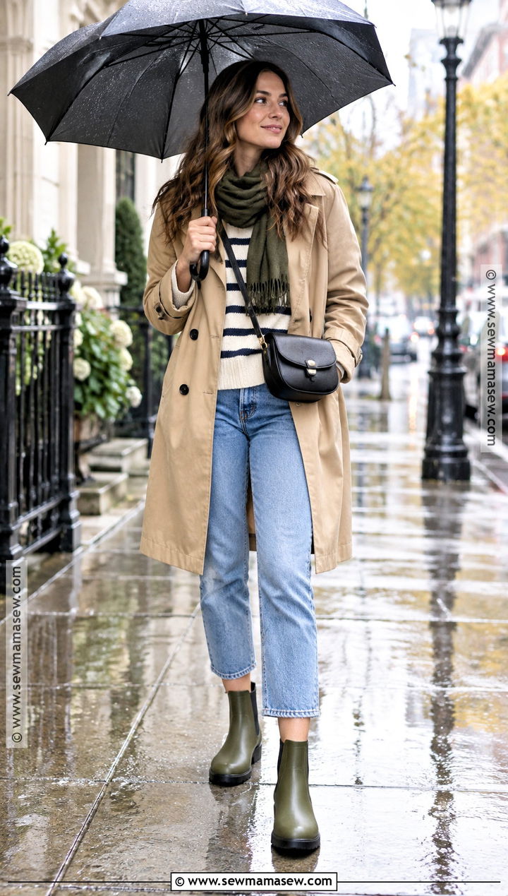 Rain Boots With Trench Coat And Jeans - 15 Casual Fall Boot Styles