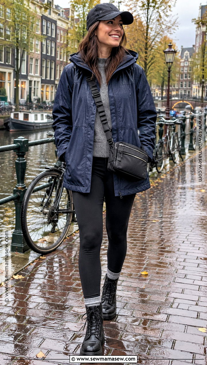 Rain Jacket And Black Leggings Europe October Outfit - 15 Europe Travel Outfits October