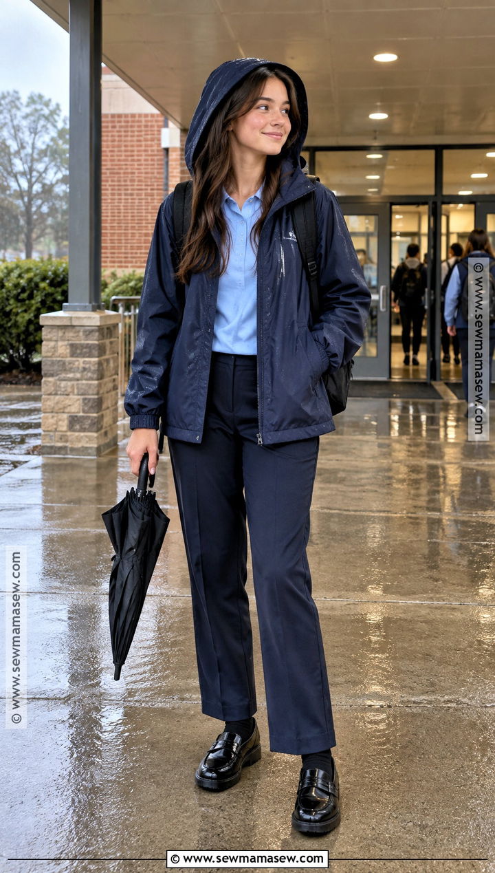 Rain Jacket And Uniform Trousers Outfit - 25 Back To School Uniform Outfits
