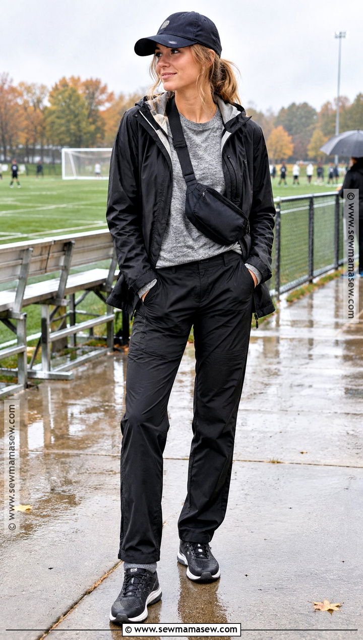 Rain Jacket And Waterproof Sneakers Fall Sports Mom Outfit - 15 sports mom fall outfit ideas
