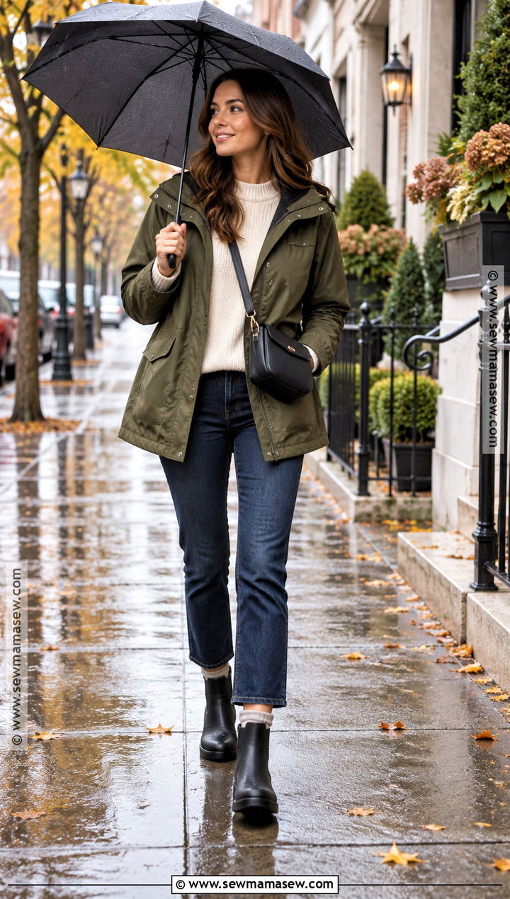 Rain Jacket Crewneck Sweater Jeans and Waterproof Boots - 25 simple fall outfits