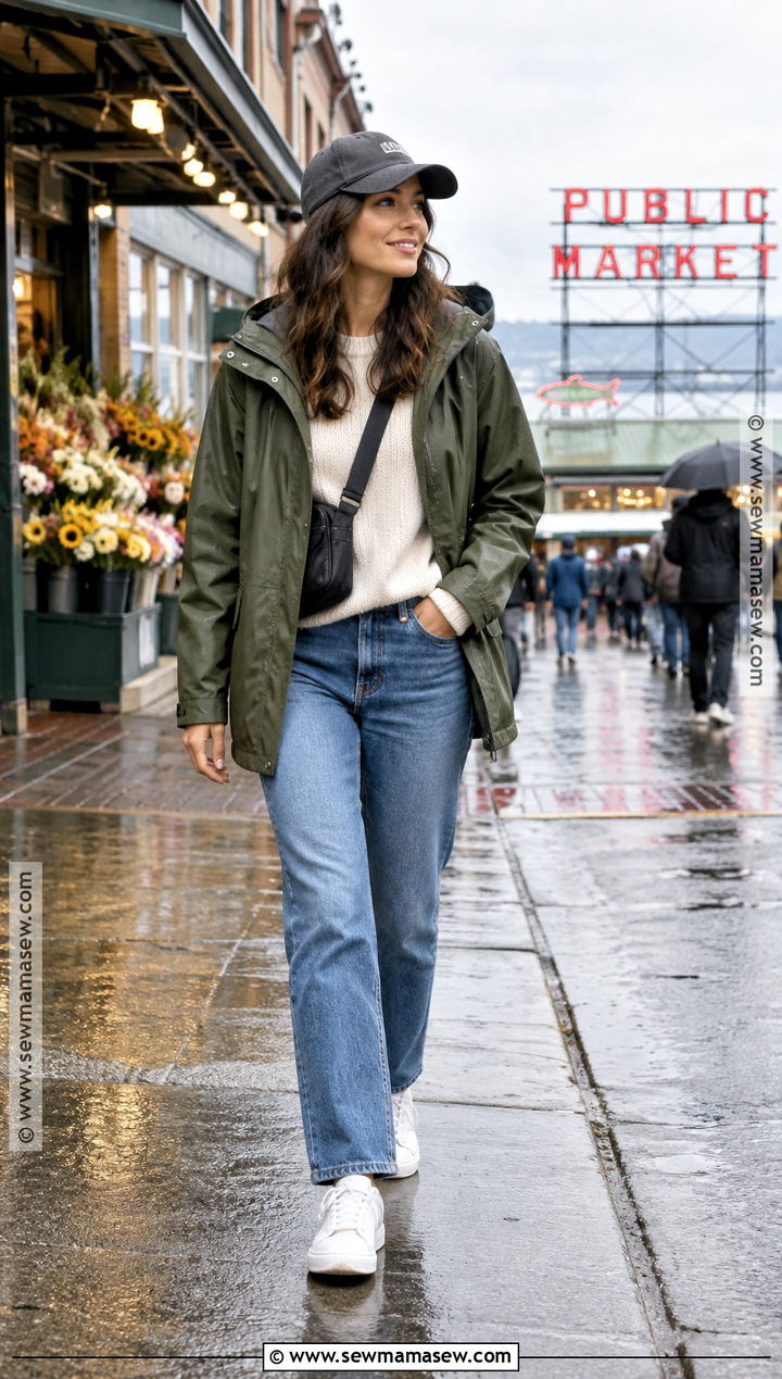 Rain Jacket Jeans And Sneakers Seattle Fall Outfit - 20 Fall Seattle Outfits