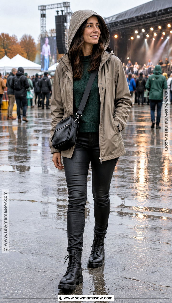 Rain Jacket Knit Top Coated Jeans Outfit - 15 fall outside concert outfit ideas