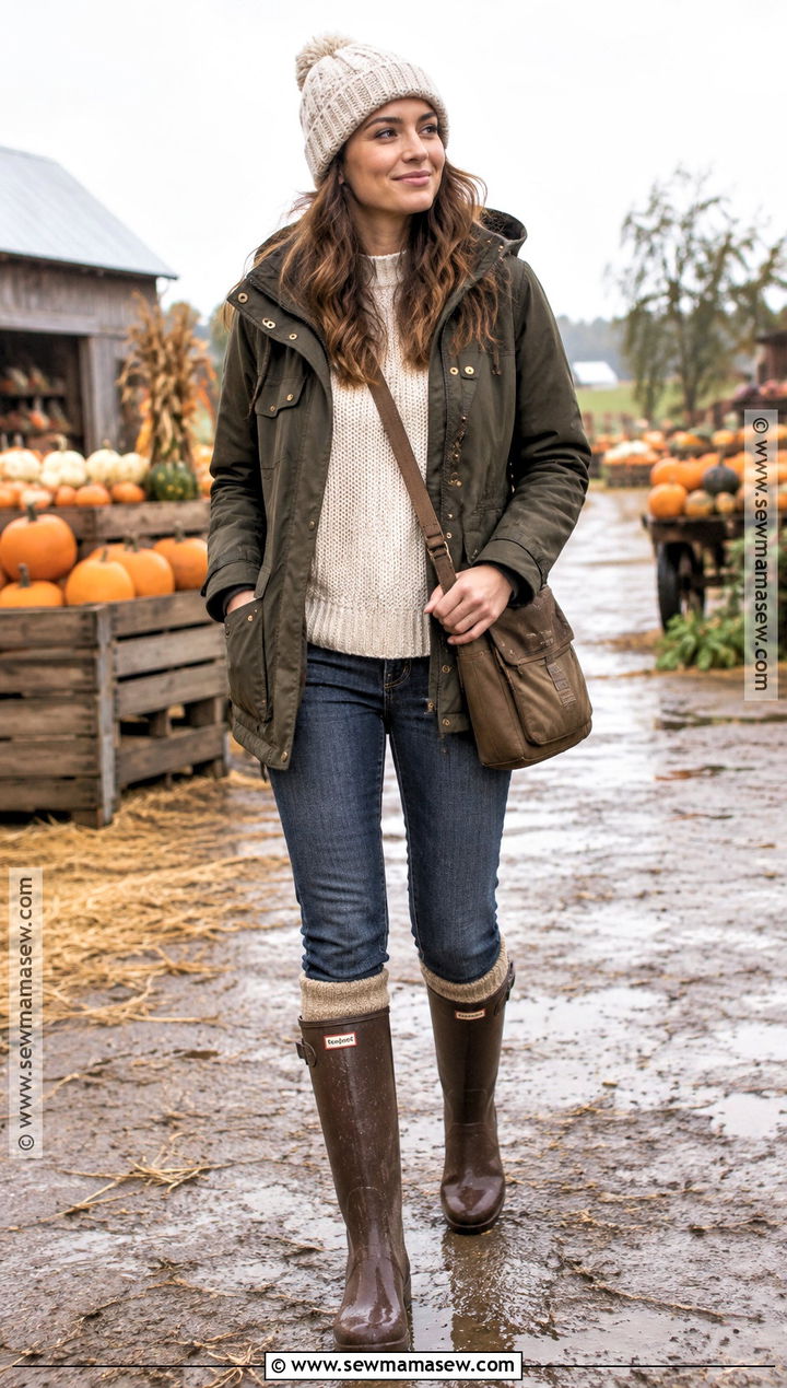 Rain Jacket Pumpkin Patch Outfit With Jeans And Rain Boots - 25 pumpkin patch outfit ideas for women