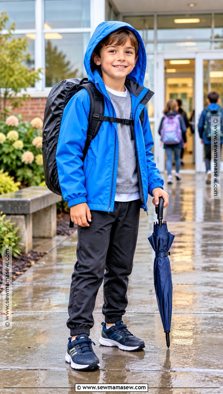 Rain Jacket Sweatshirt Pull On Pants And Waterproof Sneakers Outfit - 20 back to school outfits for kids