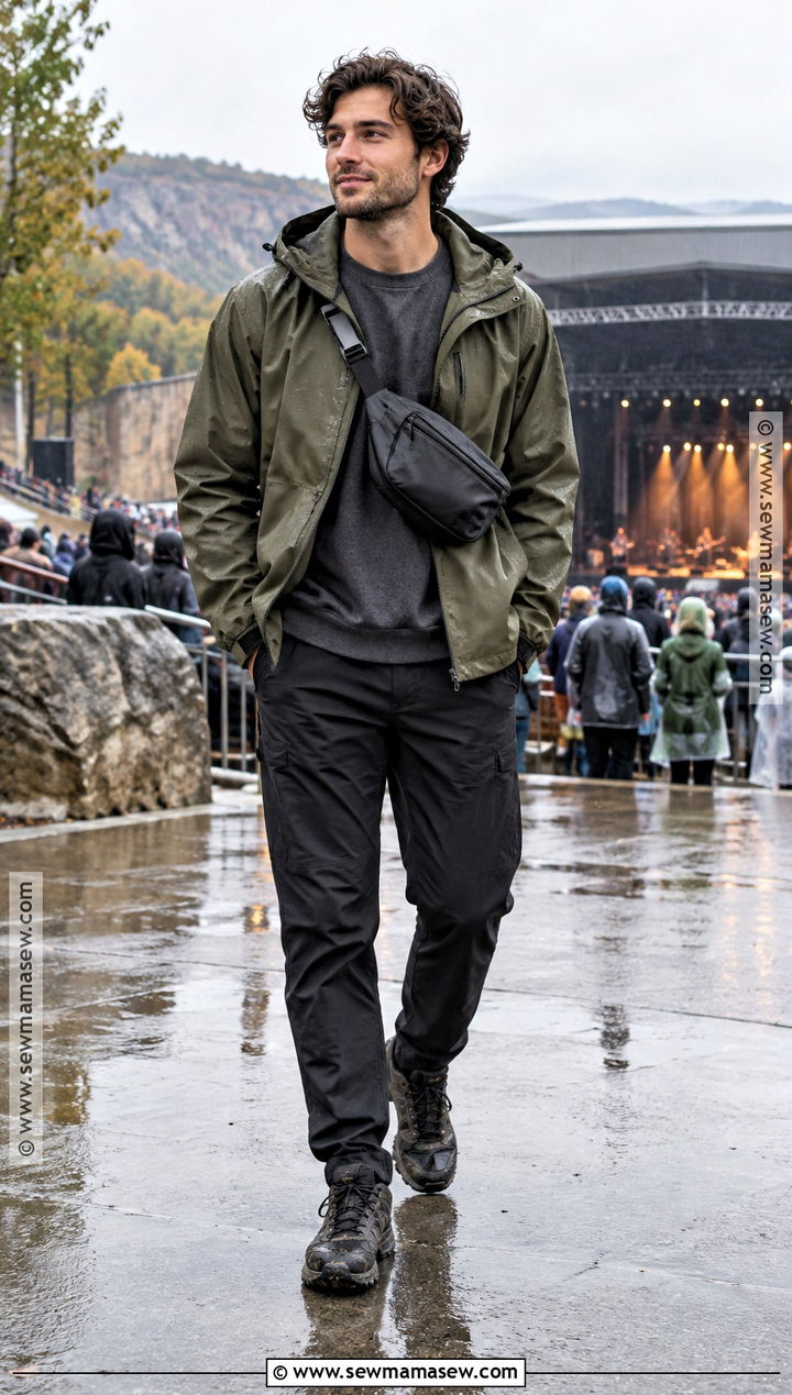 Rain Jacket Sweatshirt and Waterproof Sneakers Concert Outfit - 15 concert outfit men fall ideas