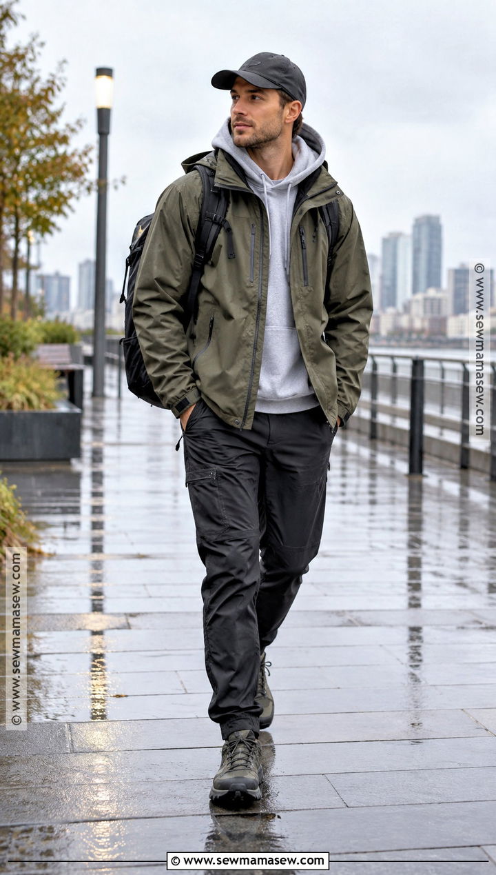 Rain Jacket With Hoodie And Technical Pants - 20 autumn male outfit ideas