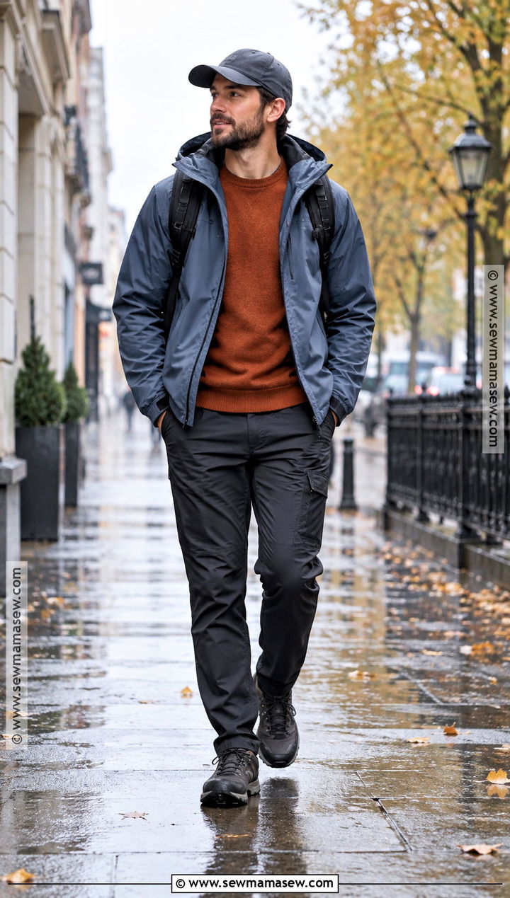 Rain Jacket With Knitwear and Trail Sneakers - 15 chill fall outfits for men