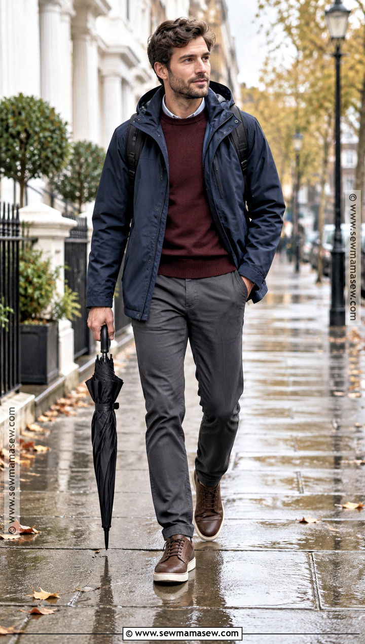 Rain Jacket With Merino Sweater And Chinos - 20 mens outfits autumn