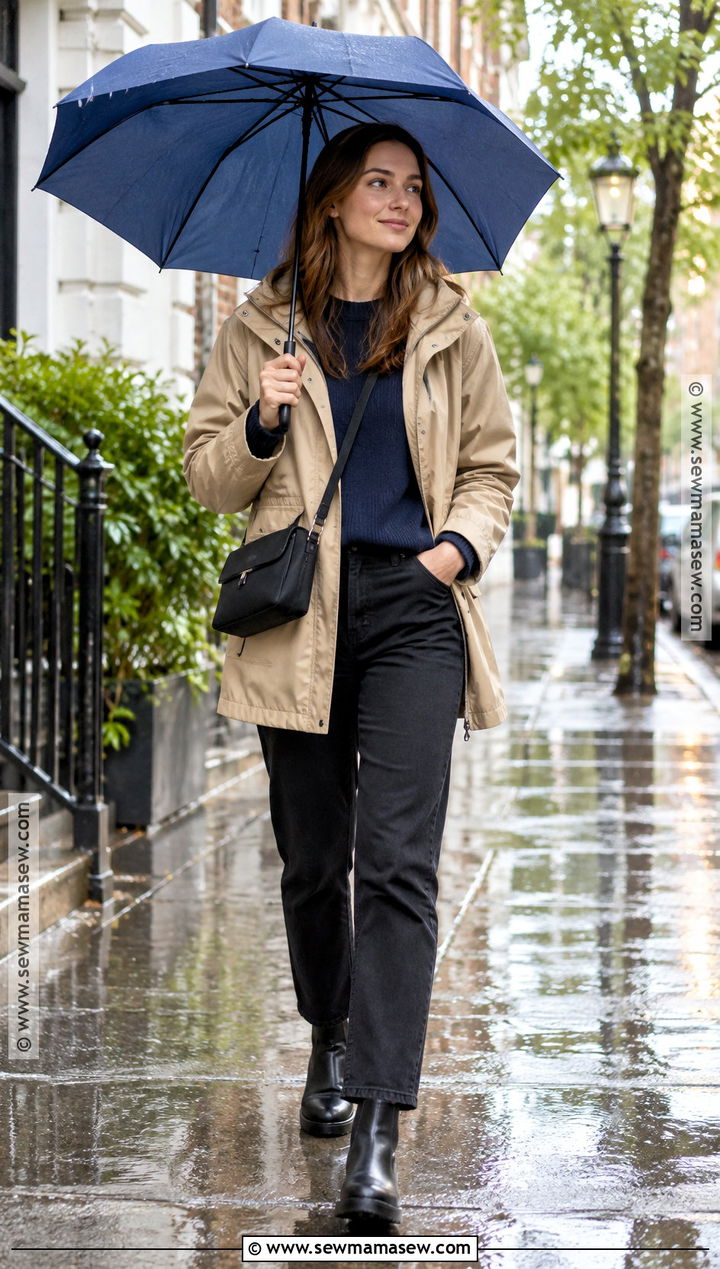 Rain Jacket With Sweater And Straight Leg Pants - 25 fall attire ideas