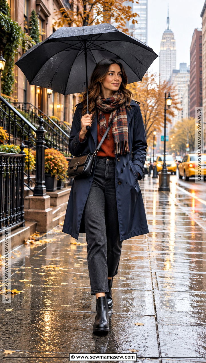 Rain Jacket With Sweater Dark Jeans And Waterproof Boots - 15 Weekend In New York City Outfits Fall