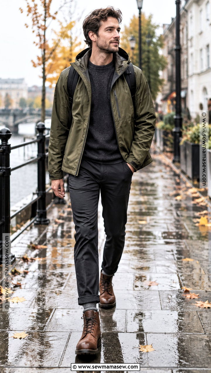 Rain Jacket With Sweater and Waterproof Boots - 20 fall outfits for men casual