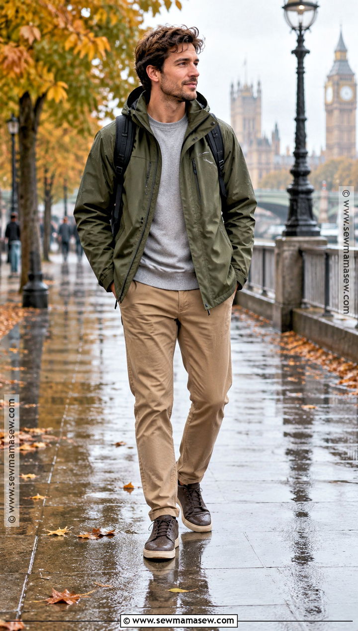Rain Jacket With Sweatshirt and Chinos - 20 Men Autumn Outfit Casual Ideas