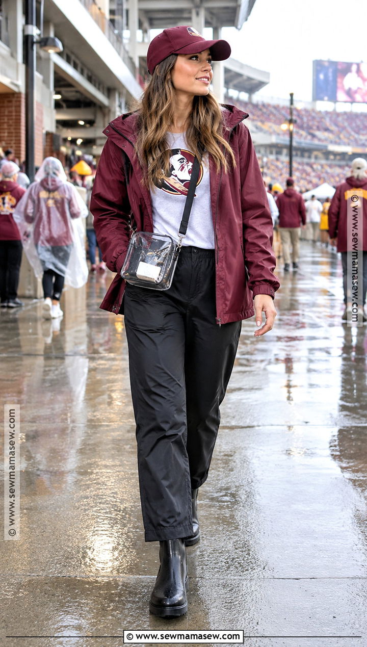 Rain Jacket With Team Tee And Waterproof Boots - 25 college football game outfit fall ideas