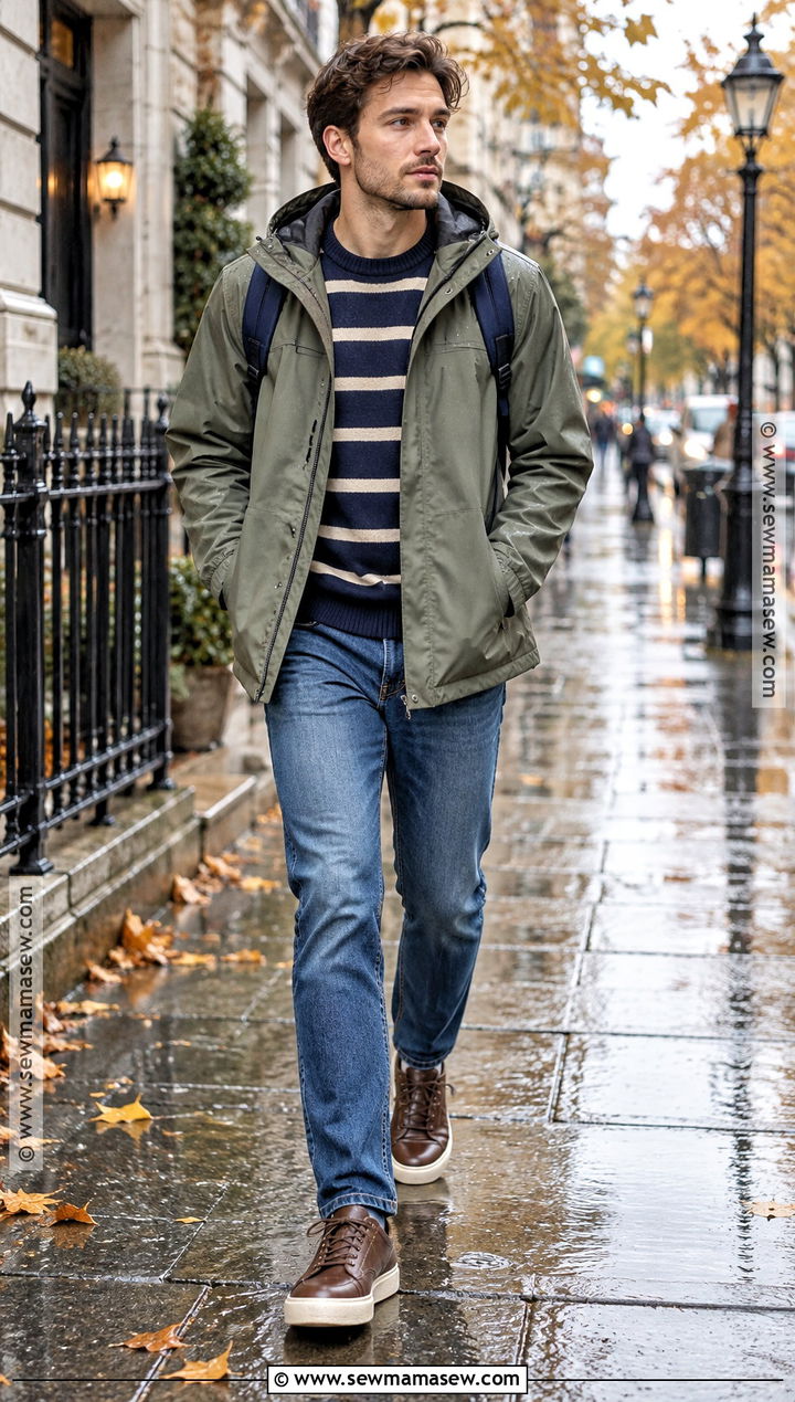 Rain Jacket and Striped Sweater Fall Outfit - 15 cute fall outfits for men