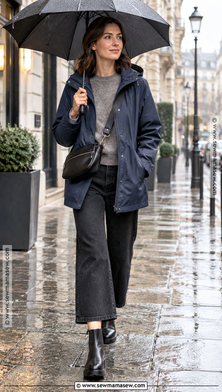Rain Jacket and Wide Leg Jeans Fall Europe Outfit - 20 Fall Europe Trip Outfits