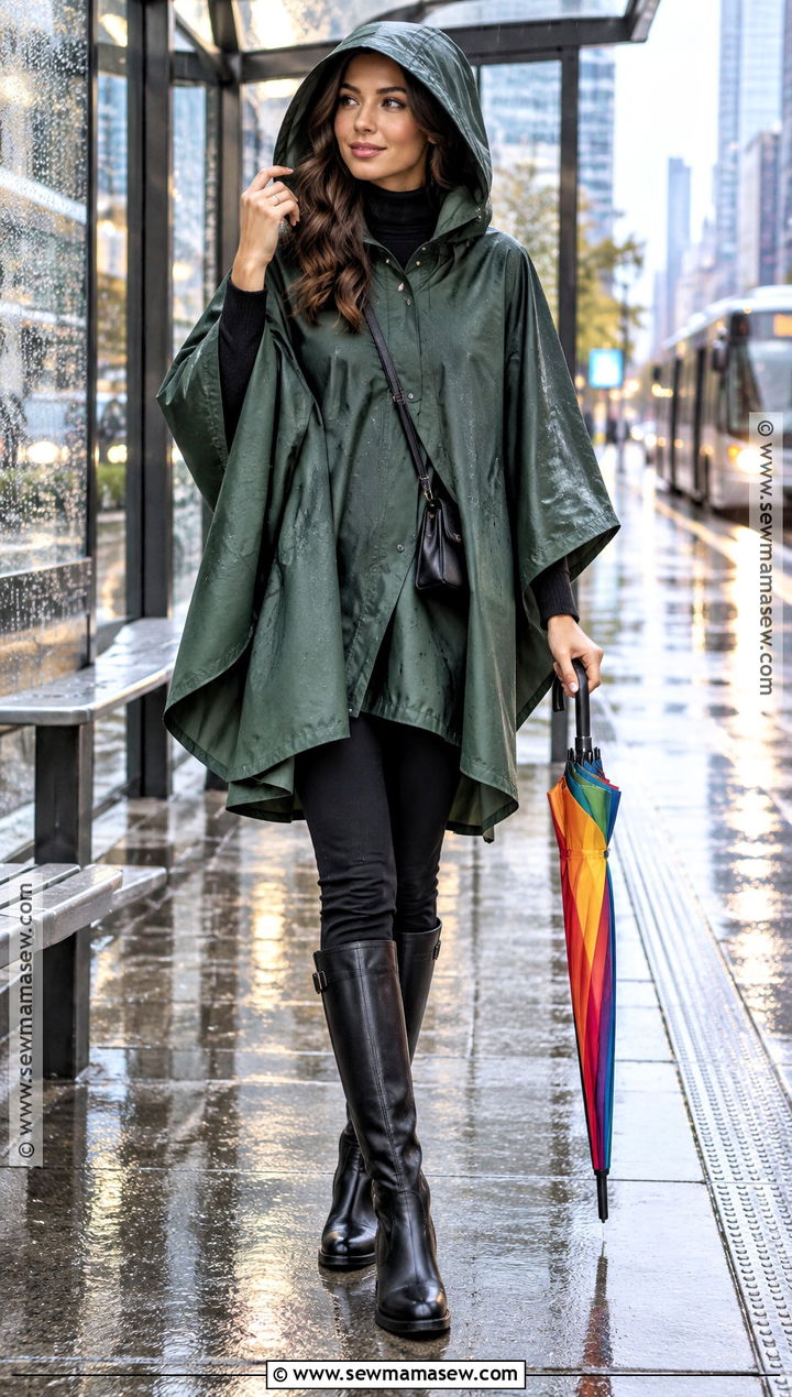 Rain Poncho With Turtleneck And Tall Boots - 15 comfy rainy day outfit fall ideas