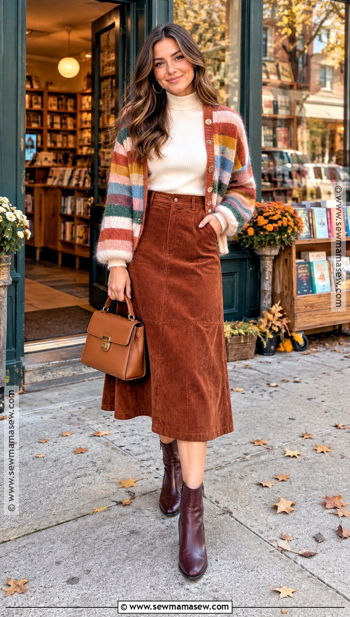 Rainbow Cardigan And Corduroy Skirt Outfit - 15 Colorful Fall Outfits 2026
