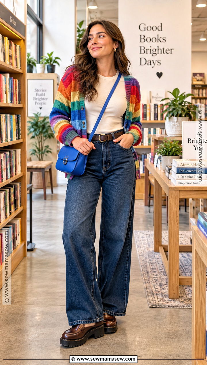 Rainbow Cardigan And Wide Leg Jeans Fall Outfit - 15 colorful fall fashion ensemble ideas