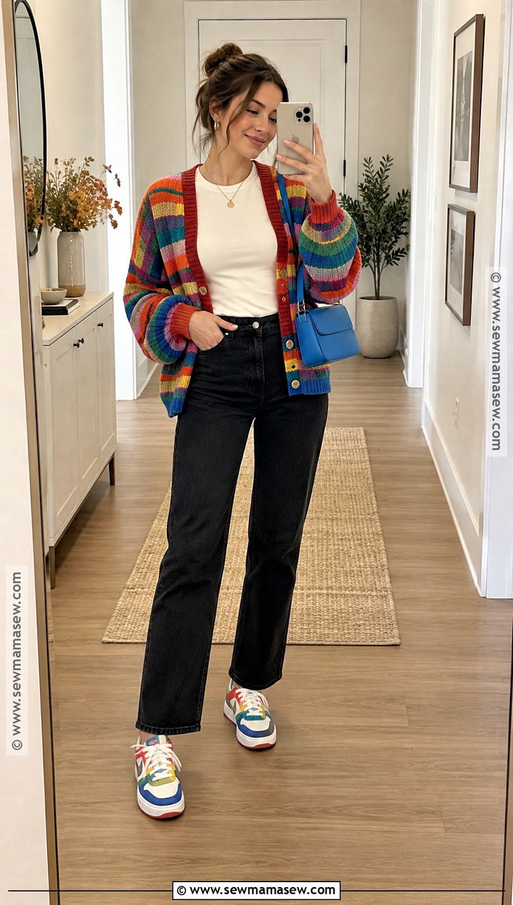 Rainbow Cardigan and Black Jeans Autumn Outfit - 25 colourful autumn outfits