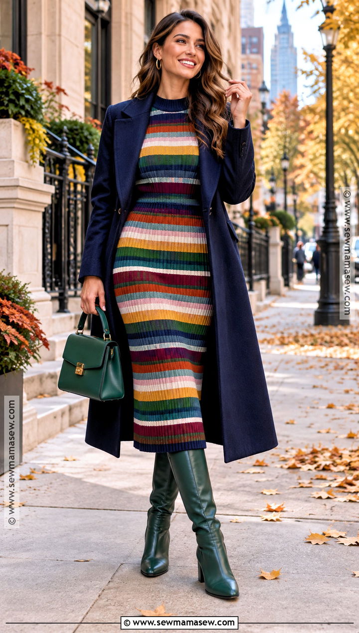 Rainbow Knit Dress and Knee High Boots Fall Outfit - 15 Colorful Fall Street Style Ideas