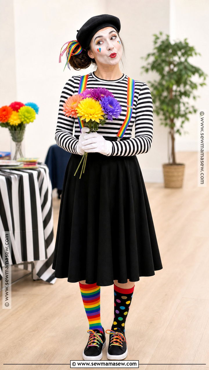 Rainbow Mime Costume With Colorful Suspenders - 30 Mime Costume Ideas for Women
