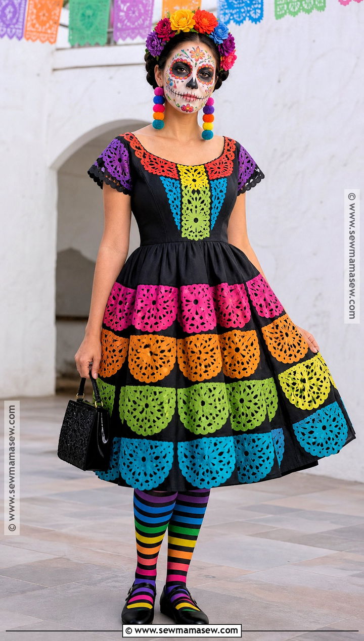 Rainbow Papel Picado Catrina Costume - 30 dia de los muertos costumes for women