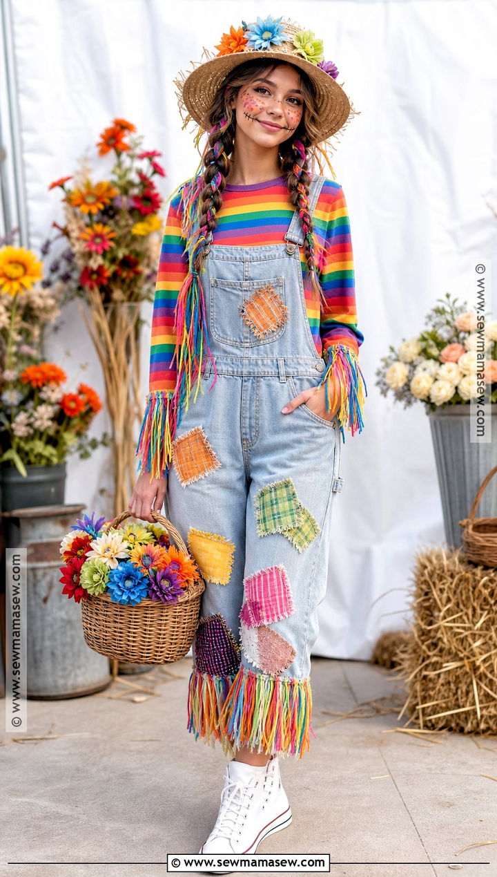 Rainbow Scarecrow Outfit With Colorful Patches - 30 scarecrow outfit ideas