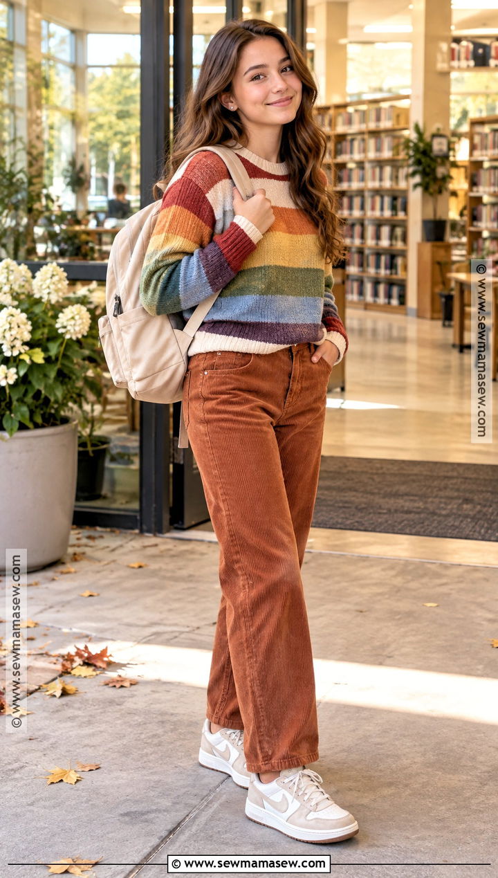 Rainbow Striped Sweater And Corduroy Pants Back To School Outfit - 15 Colorful Back To School Outfits