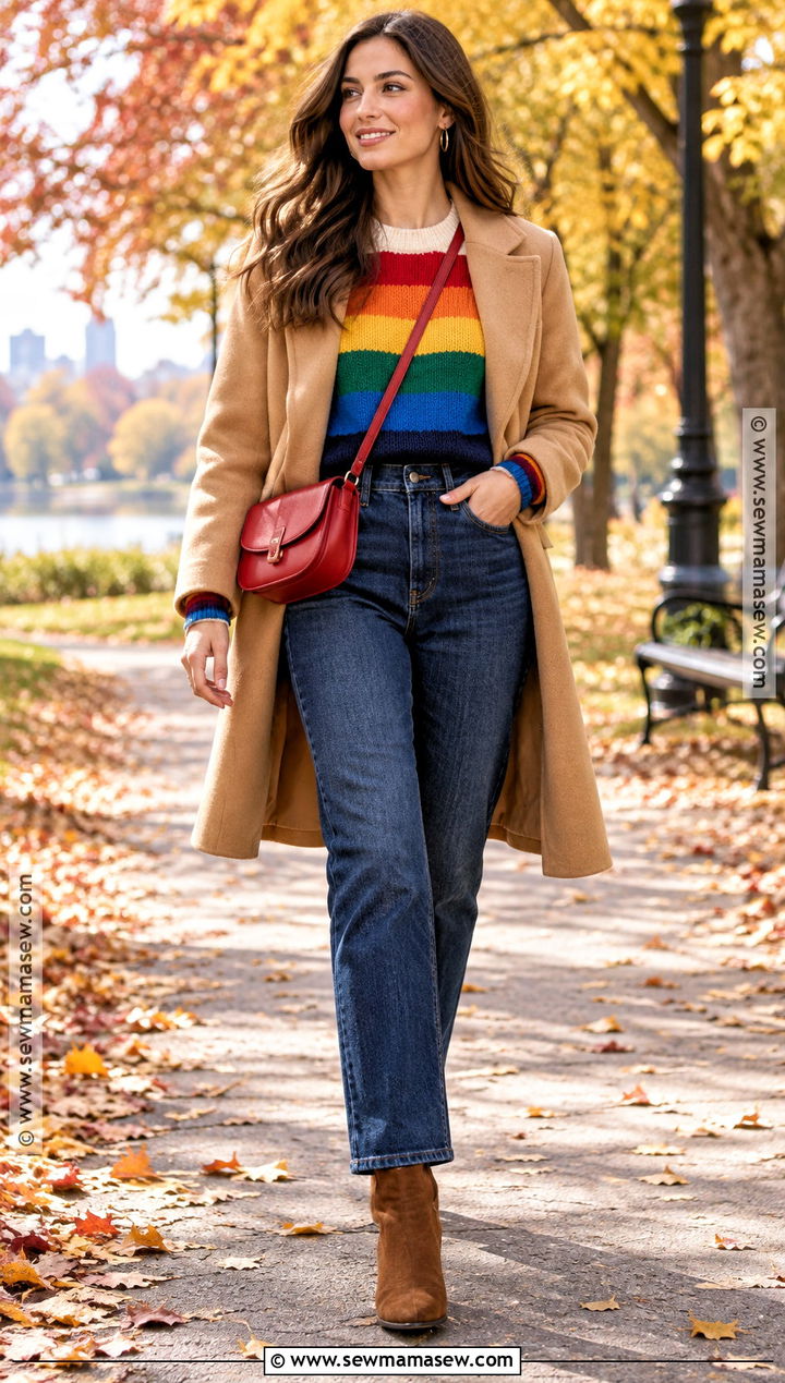 Rainbow Striped Sweater Fall Outfit - 25 Colorful Fall Outfits