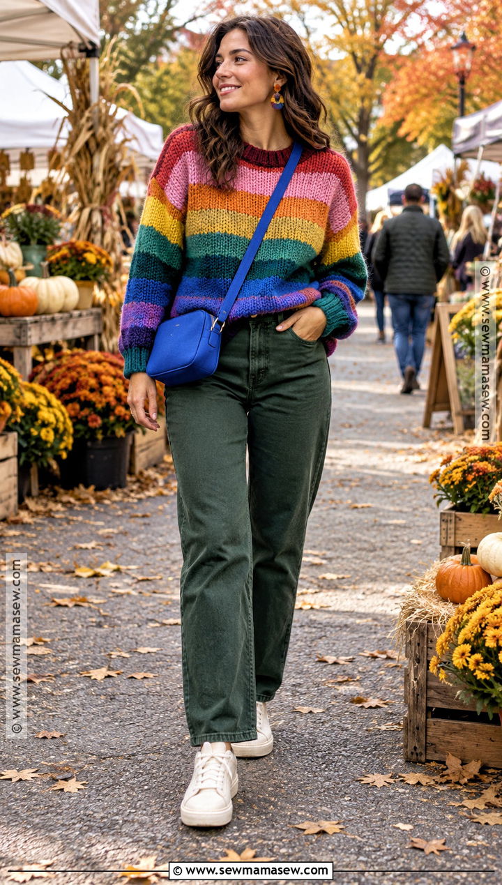 Rainbow Sweater And Green Jeans Autumn Outfit - 20 colorful autumn outfits