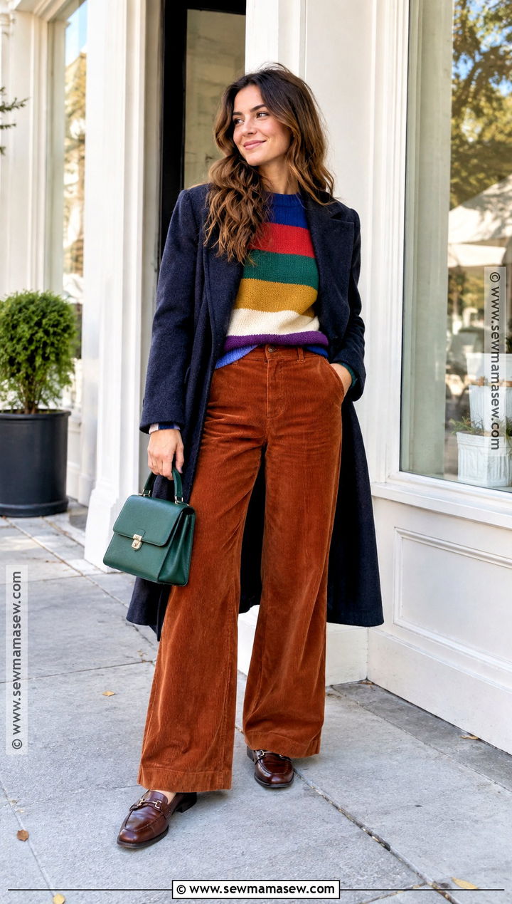 Rainbow Sweater And Rust Corduroy Trousers Outfit - 15 Colorful Autumn Clothing Ideas