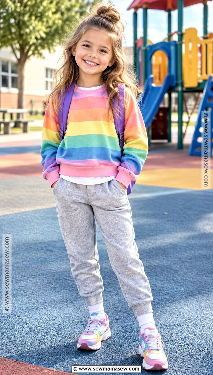 Rainbow Sweatshirt With Joggers And Running Shoes - 20 Back To School Outfits Kindergarten for Girls