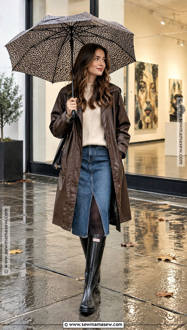 Raincoat And Denim Midi Skirt Fall Outfit - 20 fall outfits rainy day